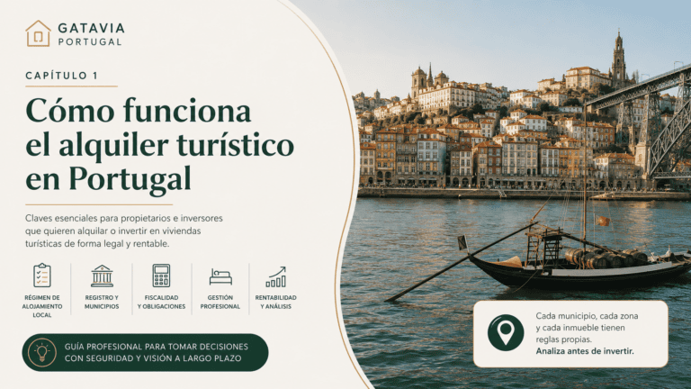 Imagen editorial de Gatavia Portugal sobre cómo funciona el alquiler turístico en Portugal, con vista de Oporto, vivienda turística, registro, fiscalidad y rentabilidad.