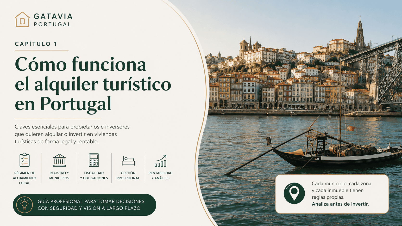 Imagen editorial de Gatavia Portugal sobre cómo funciona el alquiler turístico en Portugal, con vista de Oporto, vivienda turística, registro, fiscalidad y rentabilidad.
