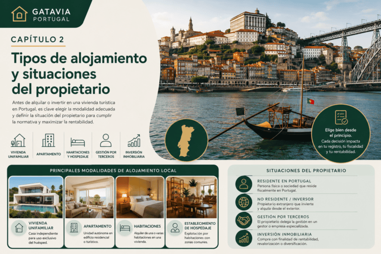 Imagen editorial de Gatavia Portugal sobre los tipos de alojamiento turístico en Portugal y las situaciones del propietario, con referencias a vivienda unifamiliar, apartamento, habitaciones, gestión por terceros e inversión inmobiliaria.