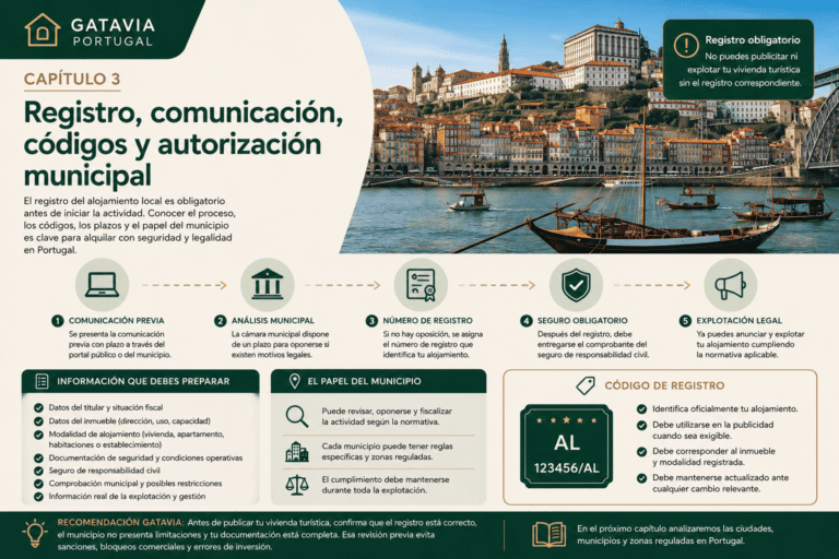 Imagen editorial de Gatavia Portugal sobre el registro del alojamiento turístico en Portugal, la comunicación previa, el número de registro, el seguro obligatorio y el papel del municipio.