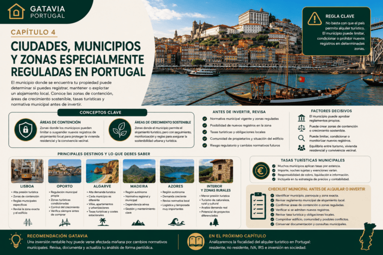 Imagen editorial de Gatavia Portugal sobre ciudades, municipios y zonas reguladas para el alquiler turístico en Portugal, incluyendo Lisboa, Oporto, Algarve, Madeira, Azores, áreas de contención y tasas turísticas.