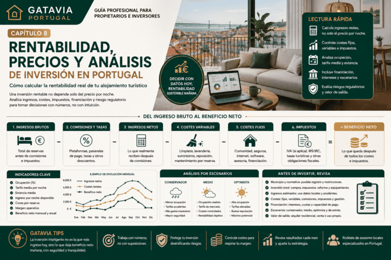 Rentabilidad del alojamiento turístico en Portugal con análisis de precios, ingresos, costes, impuestos, financiación, escenarios y beneficio neto.