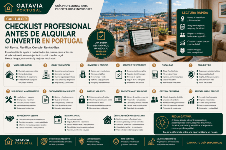 Checklist de alojamiento turístico en Portugal con revisión de municipio, registro, fiscalidad, seguro, huéspedes, plataformas, gestión y rentabilidad.