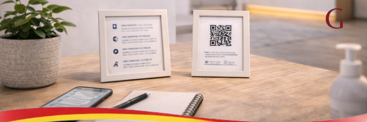 Cartelería interna en vivienda turística con normas, información útil y código QR para huéspedes en España