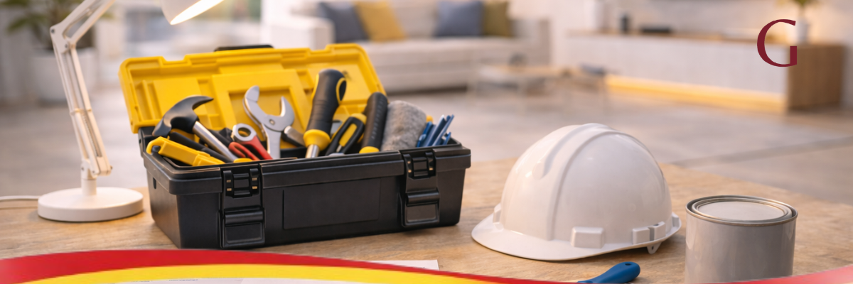 Mantenimiento y decoración profesional en vivienda turística con herramientas y materiales de mejora en interior moderno