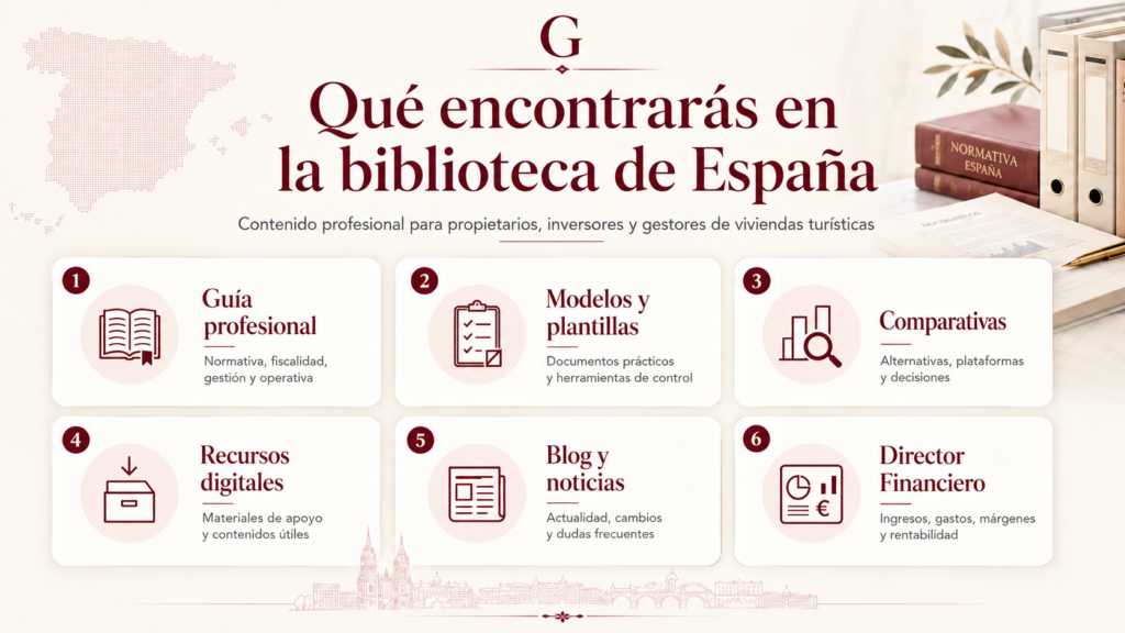 Infografía de la biblioteca de España de Gatavia con guía profesional, modelos, plantillas, comparativas, recursos digitales, blog, noticias y Director Financiero para viviendas turísticas.