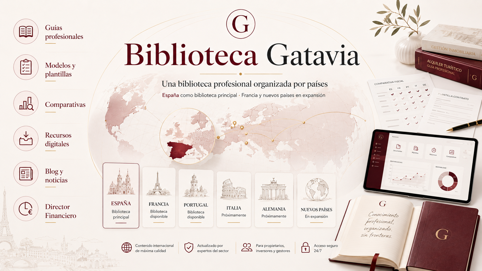 Biblioteca profesional Gatavia con guías, recursos y documentación por países para gestionar viviendas turísticas