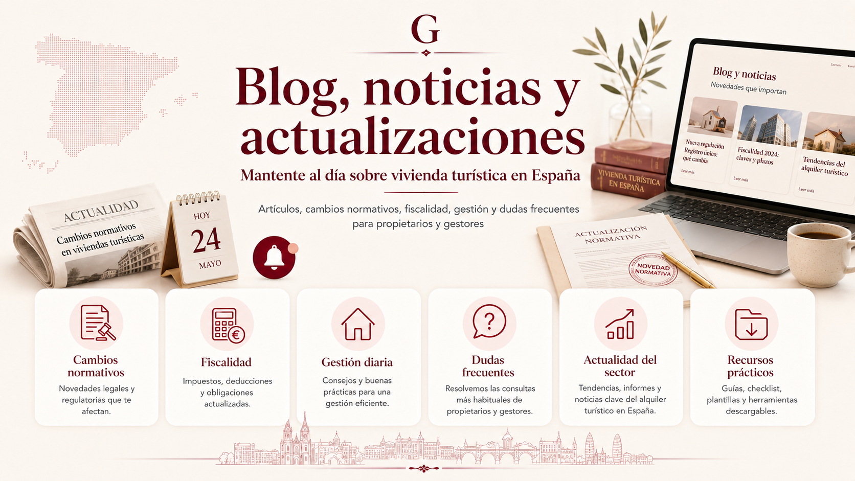 Infografía de Gatavia sobre blog, noticias y actualizaciones de vivienda turística en España, con cambios normativos, fiscalidad, gestión diaria, dudas frecuentes y recursos prácticos.