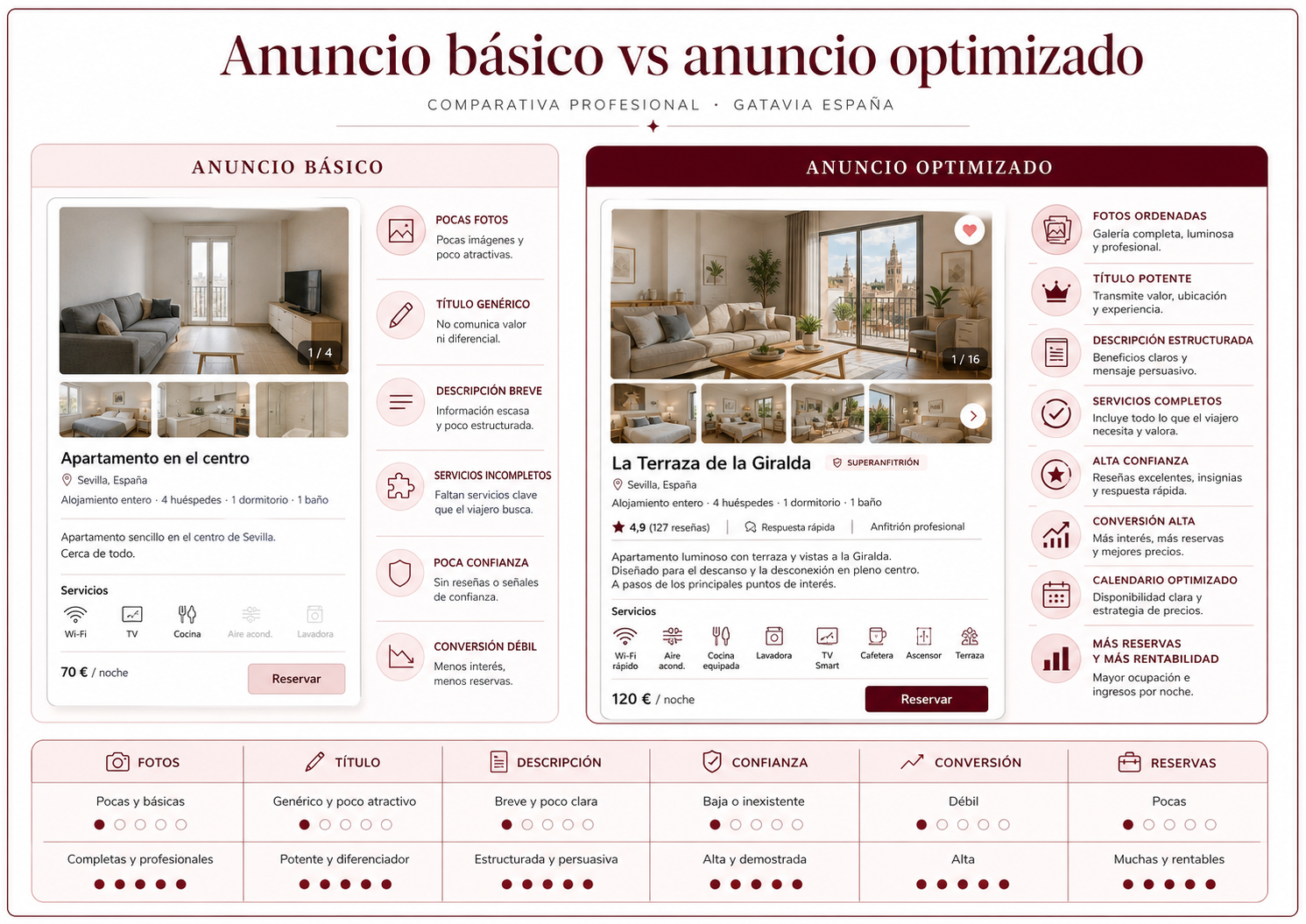 Anuncio básico vs anuncio optimizado en vivienda turística
