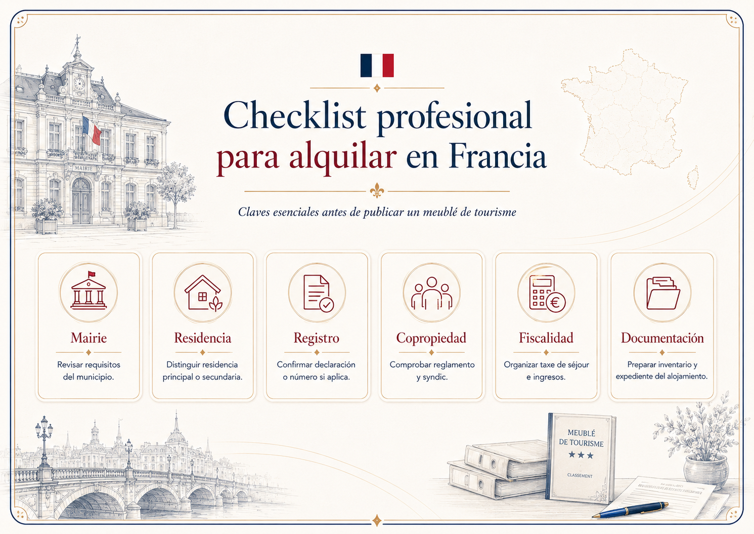 Checklist profesional para alquilar en Francia con mairie, residencia, registro, copropiedad, fiscalidad y documentación
