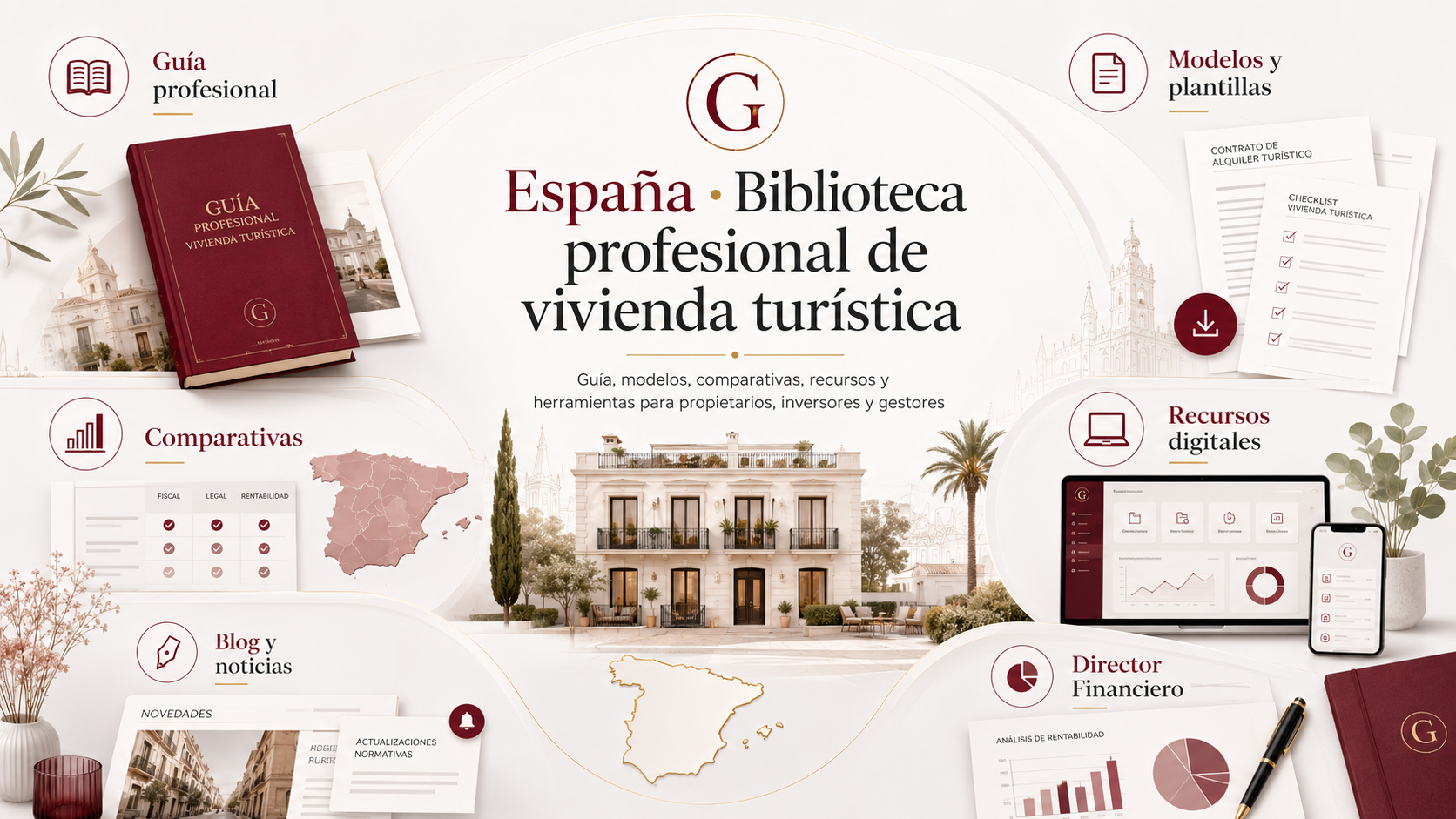 Imagen principal de la biblioteca profesional de vivienda turística en España de Gatavia, con guía, modelos, comparativas, recursos digitales, blog, noticias y Director Financiero.