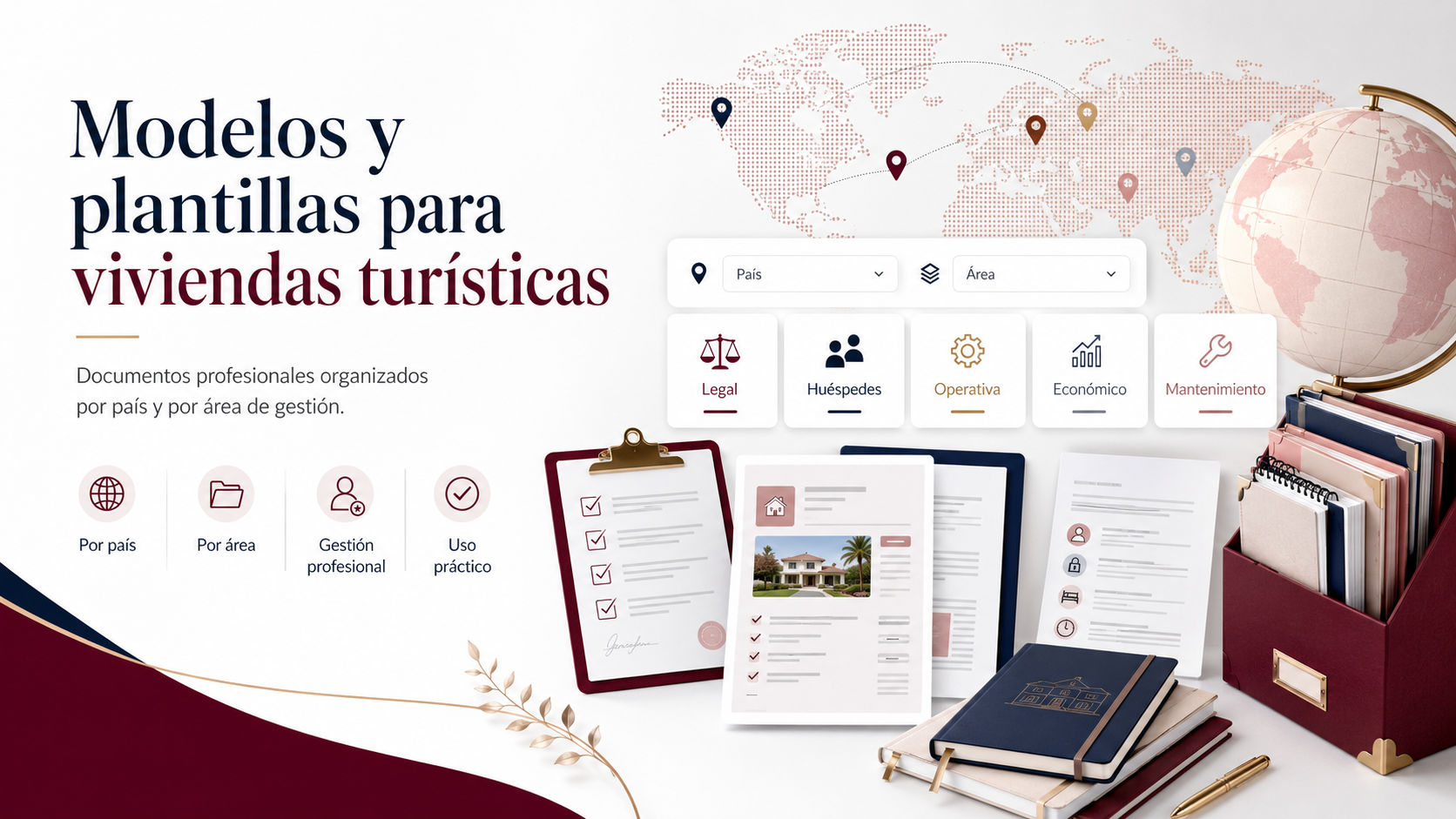 Modelos y plantillas profesionales para viviendas turísticas organizados por país y área de gestión