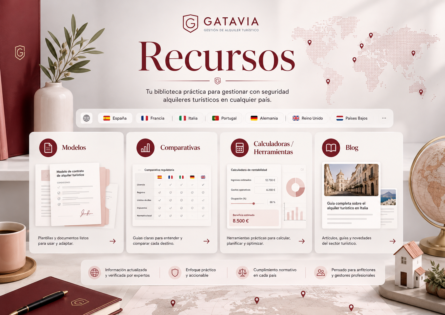 Recursos profesionales para viviendas turísticas organizados por país en Gatavia