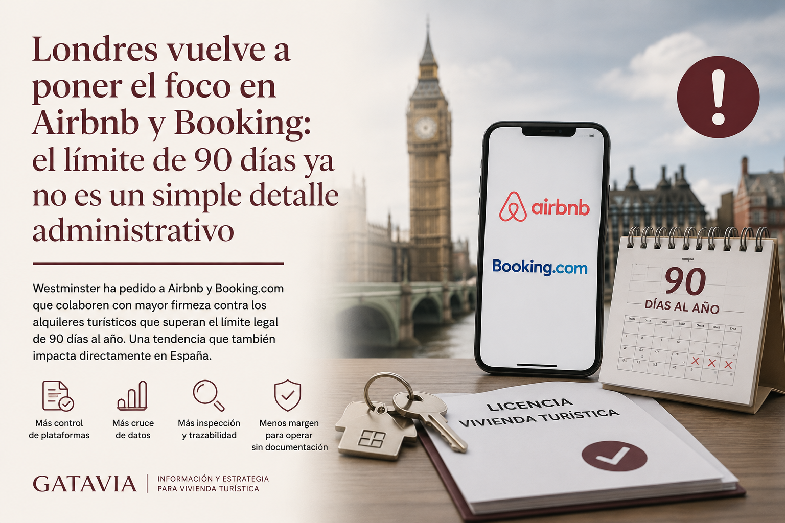 Imagen informativa sobre Londres, Airbnb y Booking ante el control del límite de 90 días en alquiler turístico.