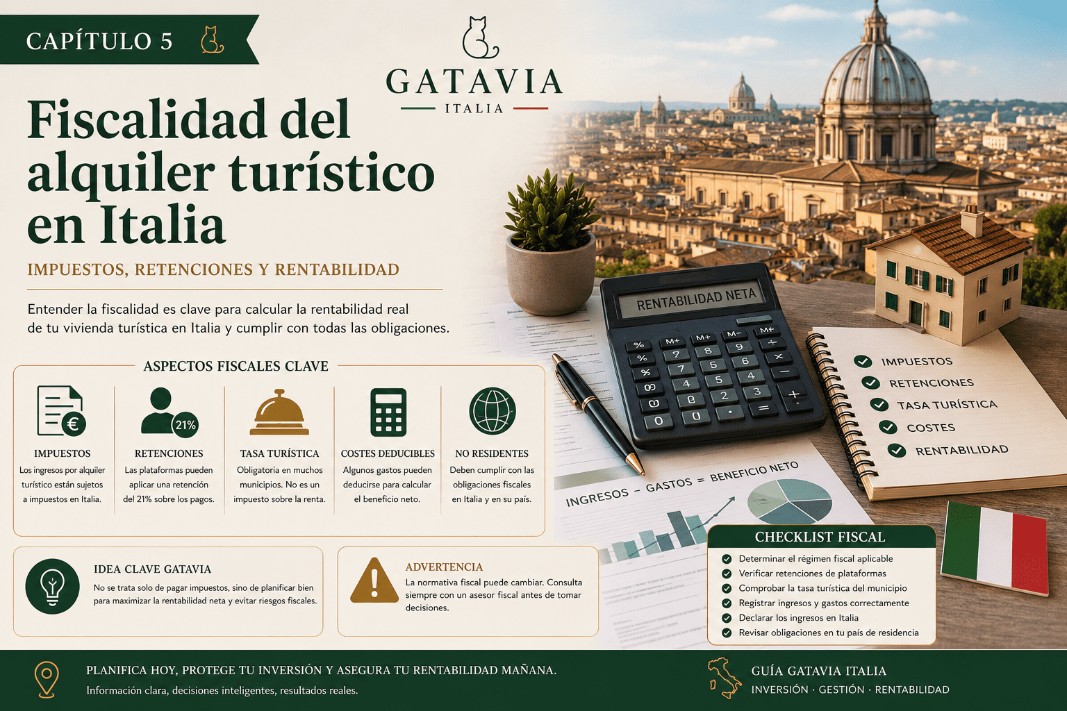 Fiscalidad del alquiler turístico en Italia, impuestos, retenciones y rentabilidad