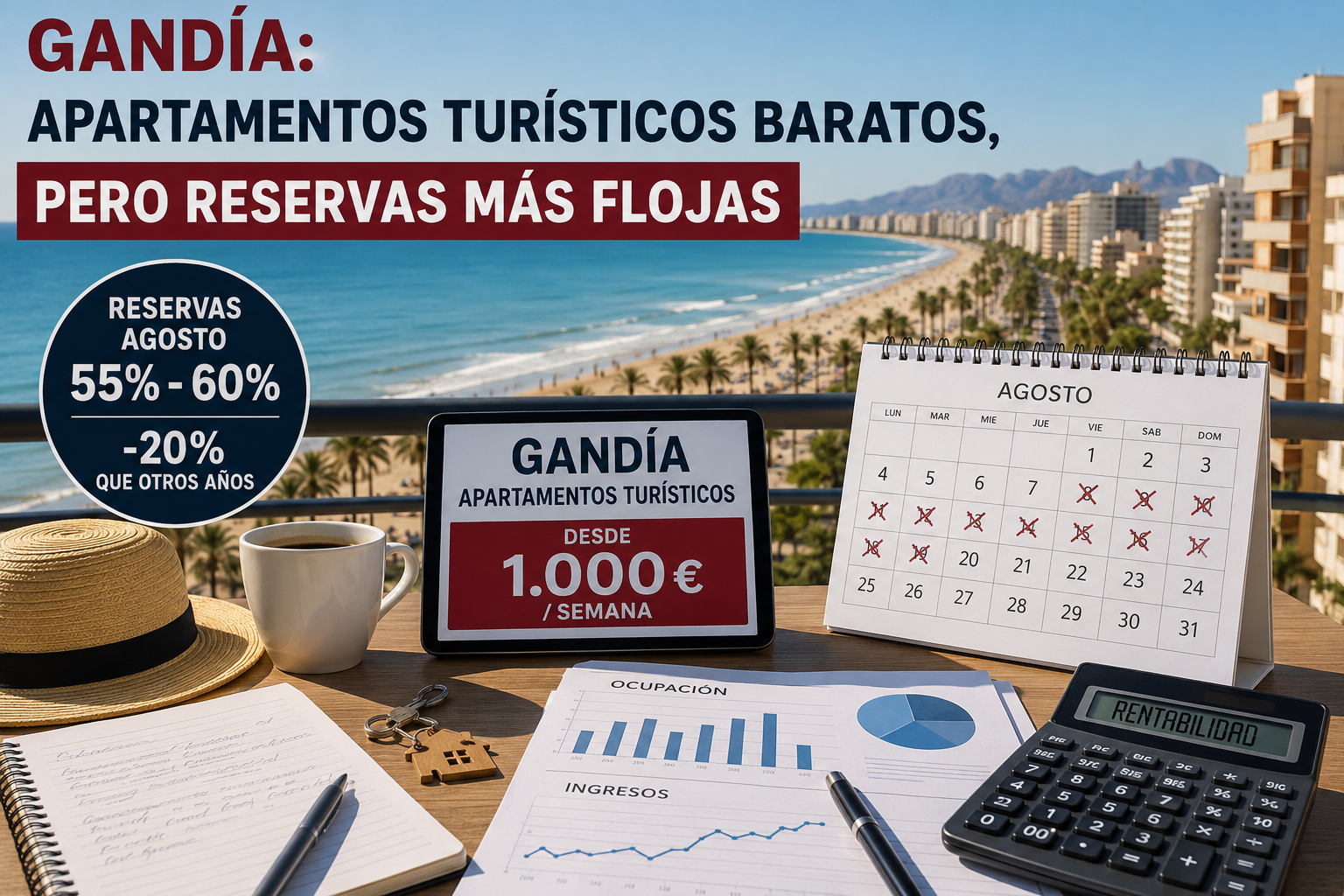 Apartamento turístico en Gandía con calendario de agosto, reservas al 55-60 %, precio semanal de 1.000 € y cálculo de rentabilidad.