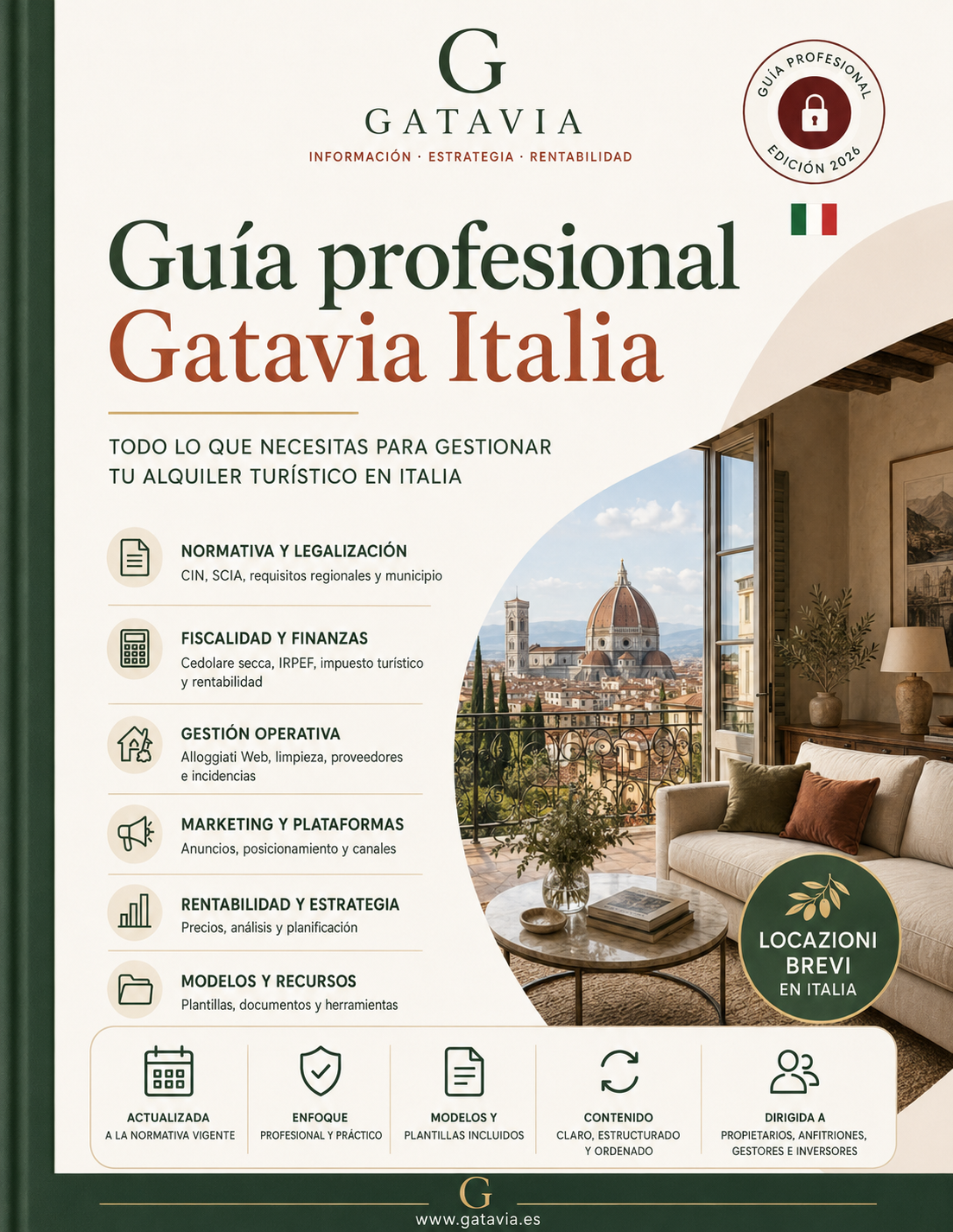 Texto alternativo: Portada de la Guía Profesional Gatavia Italia sobre alquiler turístico, fiscalidad y gestión de vivienda turística en Italia